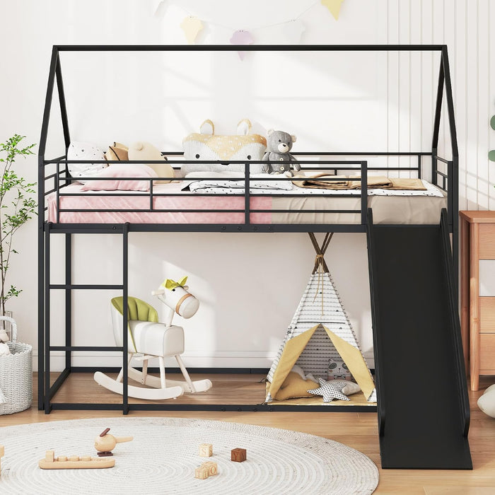 Letto a Castello per Bambini 90x200 cm, Letto Montessori con Scivolo Scala, Struttura in Metallo e Sponda di Sicurezza, Forma di Casa, senza Bisogno di Rete a Molle, Portata 110 kg (Nero)