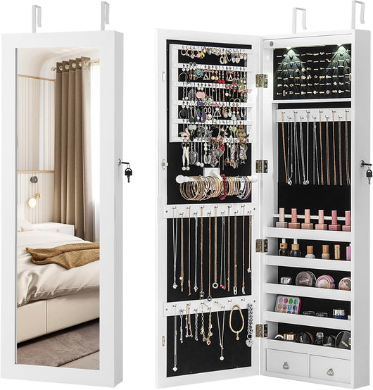 Armadio per Gioielli con 2 luci LED, con Specchio a Figura, Organizer Montato al Muro con Ganci Regolabili per Appendere, Armadio Portagioie per Truccarsi (Bianco)