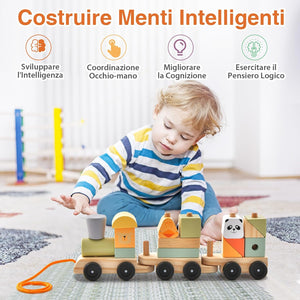 Trenino in Legno, Trenino Giocattolo a 3 Sezioni con Blocchi Impilabili, Corda di Traino, Design a Gancio, Trenino Giocattolo Educativo per Bambini 3 Anni+