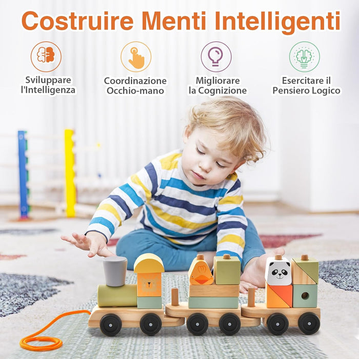 Trenino in Legno, Trenino Giocattolo a 3 Sezioni con Blocchi Impilabili, Corda di Traino, Design a Gancio, Trenino Giocattolo Educativo per Bambini 3 Anni+