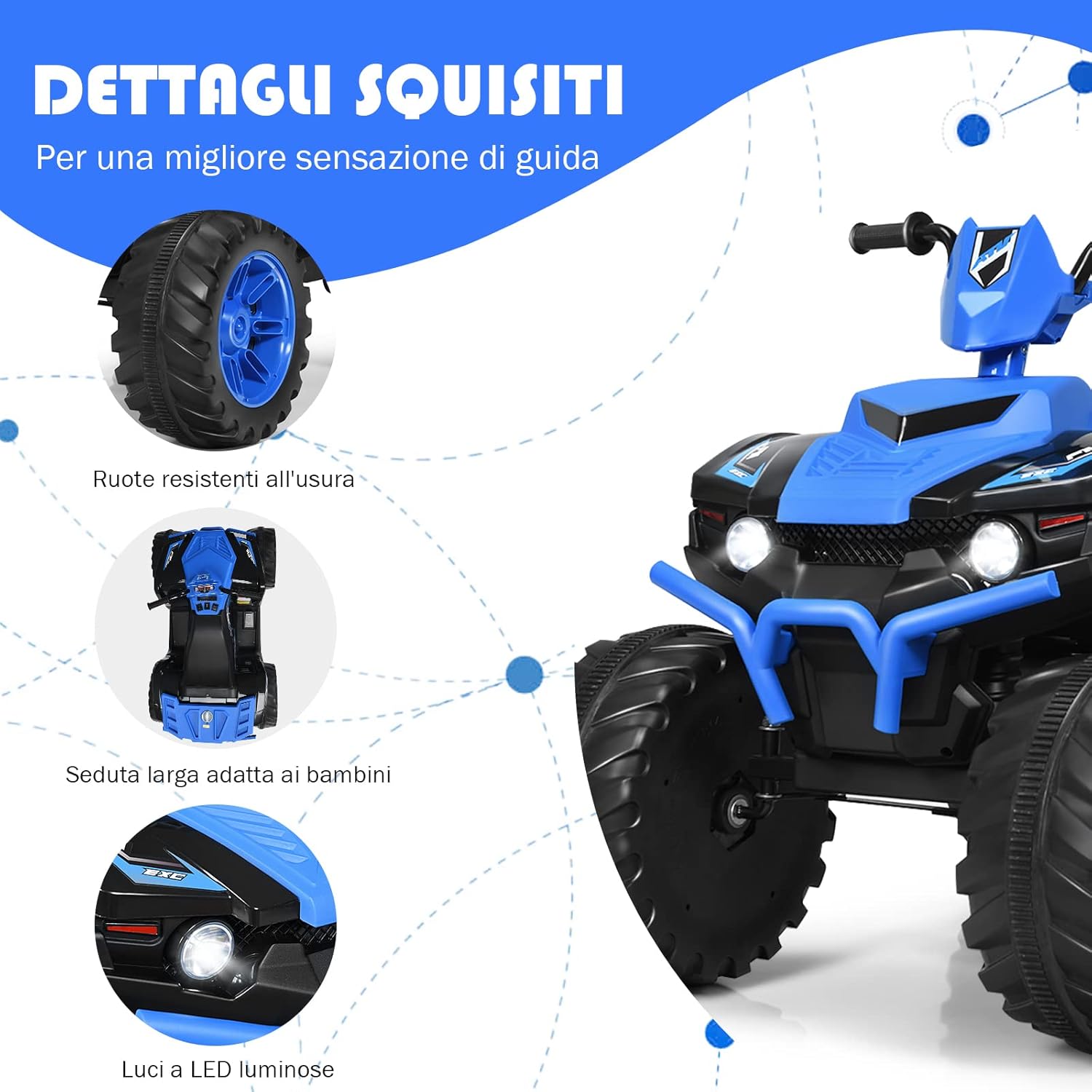 12 V Quad Elettrico per Bambini, Auto Elettrica Cavalcabile con Luci LED e Musica, Velocità Fino a 5km/h, per Bambini 3-7 Anni (Blu)