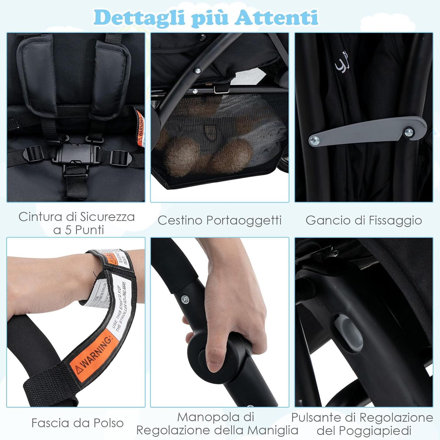 Passeggino Doppio Pieghevole per Bambini, Passeggino Gemellare Pieghevole, con Seduta in Tandem e Tettuccio, Schienale Regolabile, Ruote Bloccabili e Antiurto, Portata Totale 30 kg (Nero)