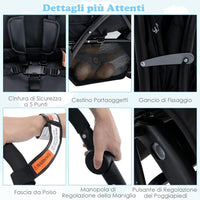 Passeggino Doppio Pieghevole per Bambini, Passeggino Gemellare Pieghevole, con Seduta in Tandem e Tettuccio, Schienale Regolabile, Ruote Bloccabili e Antiurto, Portata Totale 30 kg (Nero)