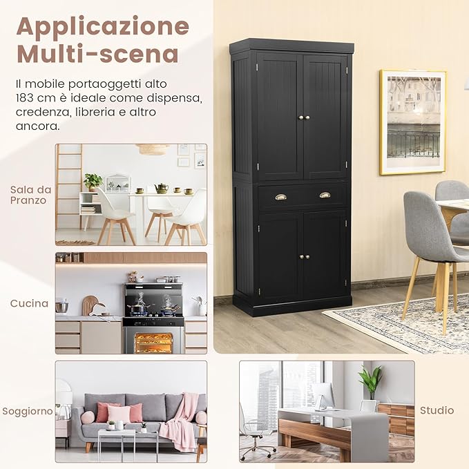 Credenza Alta Cucina, Armadietto Dispensa da Cucina con Portabottiglie, Ripiani Regolabili e 3 Cassetti, per Soggiorno, Cucina e Sala da Pranzo, 106,5 x 42 x 184 cm (Nero)