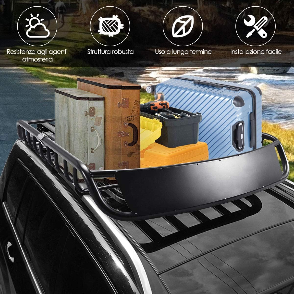 Portapacchi da Tetto Universale, Bagagliera Portabagagli Auto Tetto Portata 110kg, Nero, 120 X 98 X 16,5 cm (Nero, stile 1)