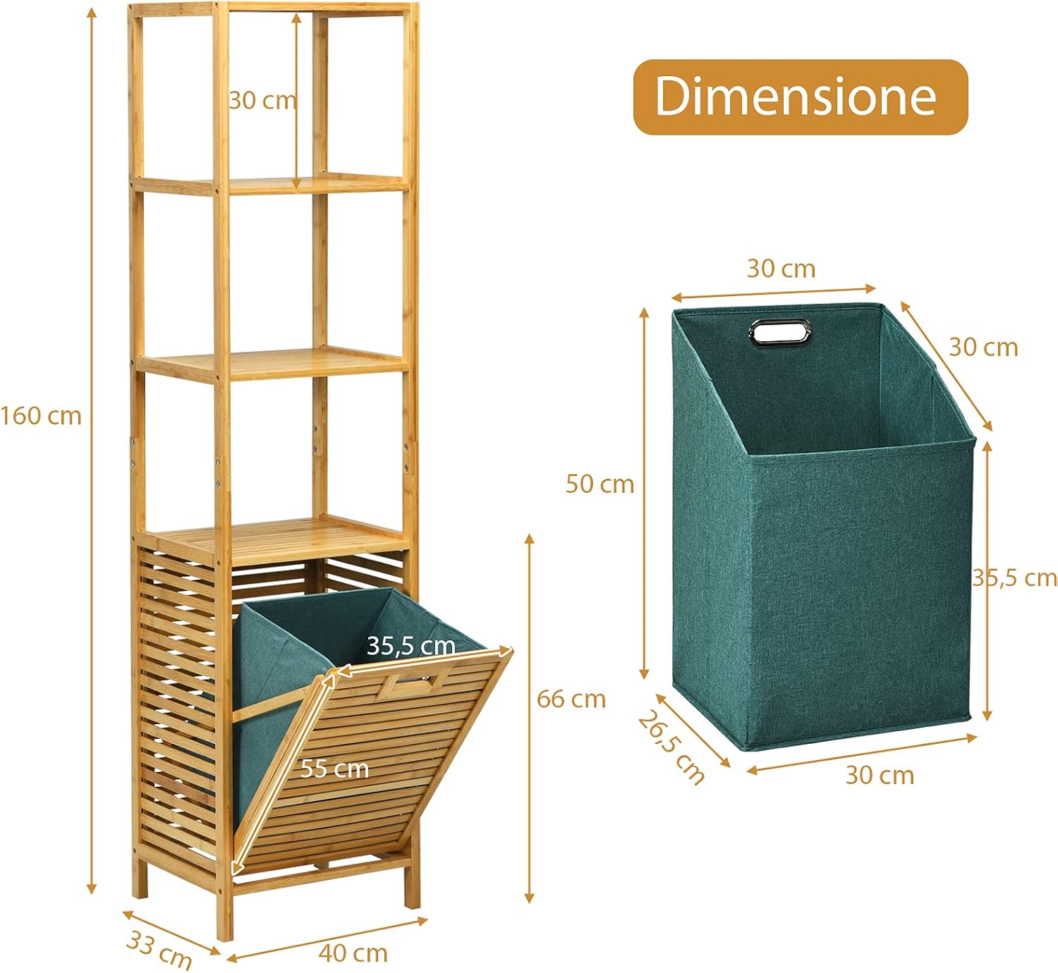 Cesto della Biancheria a Scomparsa per Bagno, Organizer Torre con Cesta di Bambù e 3 Mensole, Scaffale con Cesto per Bagno Camera da Letto