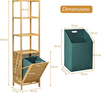 Cesto della Biancheria a Scomparsa per Bagno, Organizer Torre con Cesta di Bambù e 3 Mensole, Scaffale con Cesto per Bagno Camera da Letto