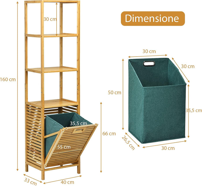 Cesto della Biancheria a Scomparsa per Bagno, Organizer Torre con Cesta di Bambù e 3 Mensole, Scaffale con Cesto per Bagno Camera da Letto