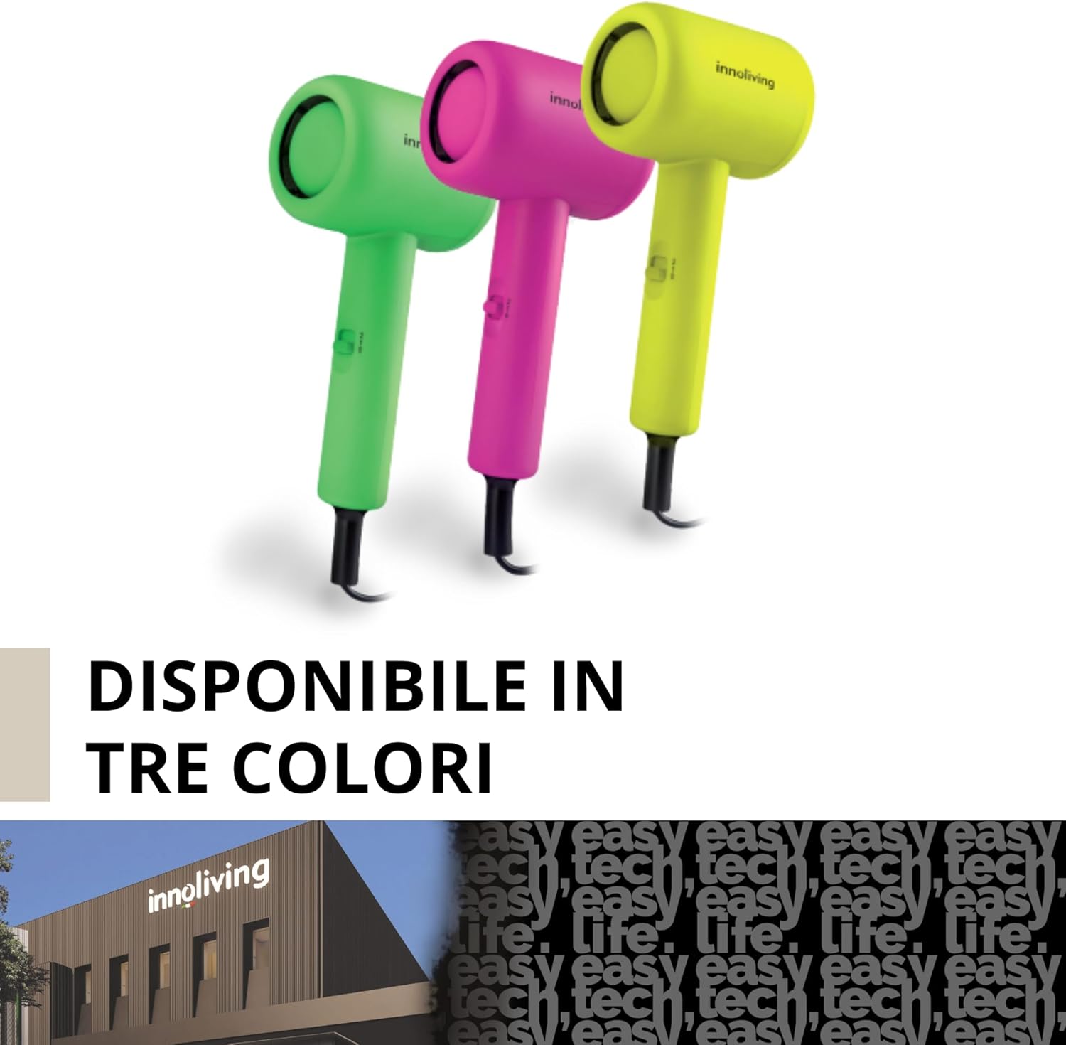 Innoliving Asciugacapelli Mini INN-612 Verde, Compatto e Pieghevole, 1200W, Doppia Velocità,  Disponibile in Vari Colori, Design Portatile per Viaggi e Palestra
