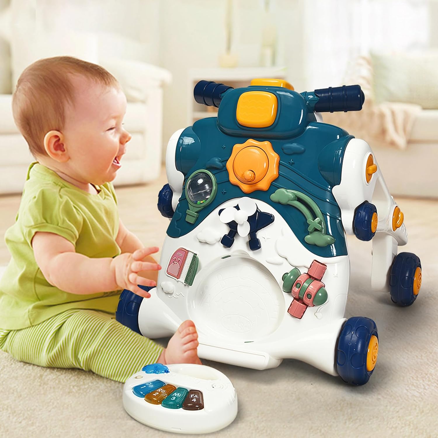 3 in 1 Primi Passi Cavalcabile Spingibile, Giocattolo Educativo con Musica e Luci, con 4 Ruote Antiscivolo, Ideale per Bambini 6-36 Mesi (Blu)