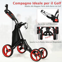 Carrello da Golf a Spinta e a Trazione, Carrello Golf Pieghevole Leggero a 4 Ruote con Borsa Impermeabile, Freno a Pedale, Porta Tazza e Porta Ombrello Regolabile