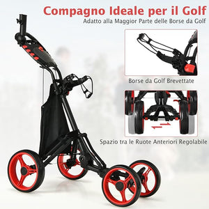 Carrello da Golf a Spinta e a Trazione, Carrello Golf Pieghevole Leggero a 4 Ruote con Borsa Impermeabile, Freno a Pedale, Porta Tazza e Porta Ombrello Regolabile