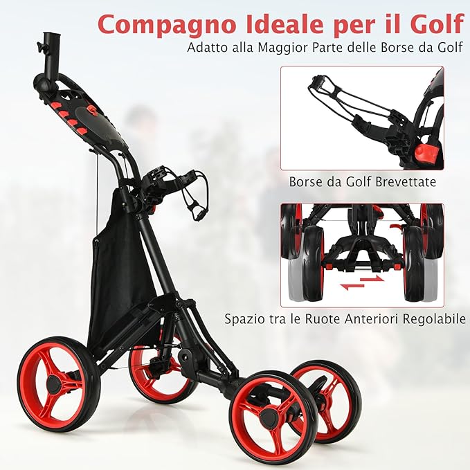 Carrello da Golf a Spinta e a Trazione, Carrello Golf Pieghevole Leggero a 4 Ruote con Borsa Impermeabile, Freno a Pedale, Porta Tazza e Porta Ombrello Regolabile