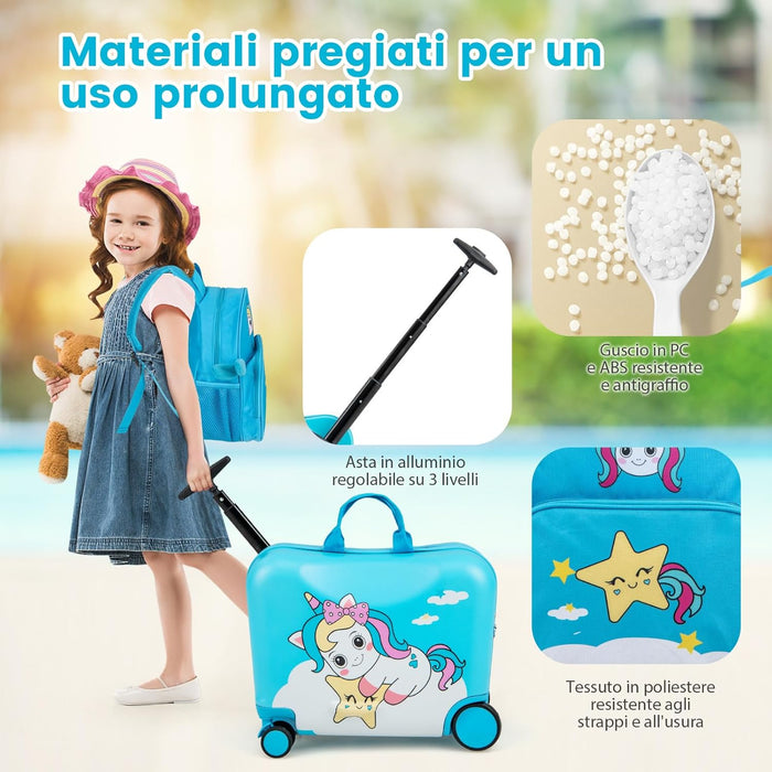 Valigia Cavalcabile per Bambini, 18" Valigia+ 12" Zaino,2 Pezzi, Trolley Bambini Bagaglio a Mano con Ruote Girevoli e Maniglia Retrattile, 2 Cingie Multiuso (Modello 2)
