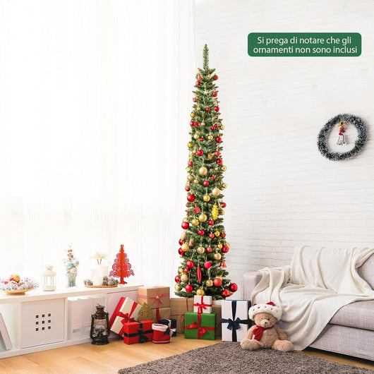 Albero di Natale Slim da 150/180/210 CM, Albero di Natale Artificiale con 296/390/499 Punte di Ramo, 150/180/200 Luci LED Bianche Calde, Supporto Pieghevole in Metallo (210 cm)