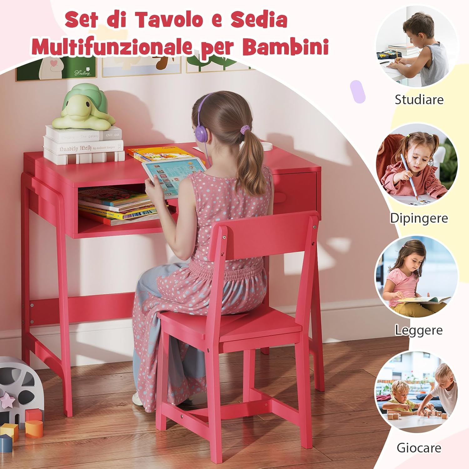 Set Tavolo e Seide per bambini in Legno, Scrivania e Sedia con Cassetto e Scomparto, Tavolino e Sedia per Cameretta, Soggiorno e Scuola (Rosa)
