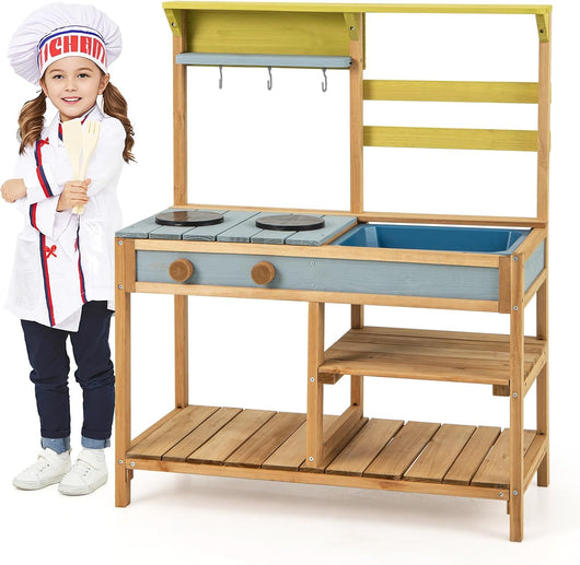 Cucina Giocattolo per Giardino in Legno di Pino, Cucina per Bambini con 2 Fornelli a Manopola, Lavandino e 3 Ganci, Set Cucina con Ripiani Aperti, 75 x 36 x 92 cm (Naturale)