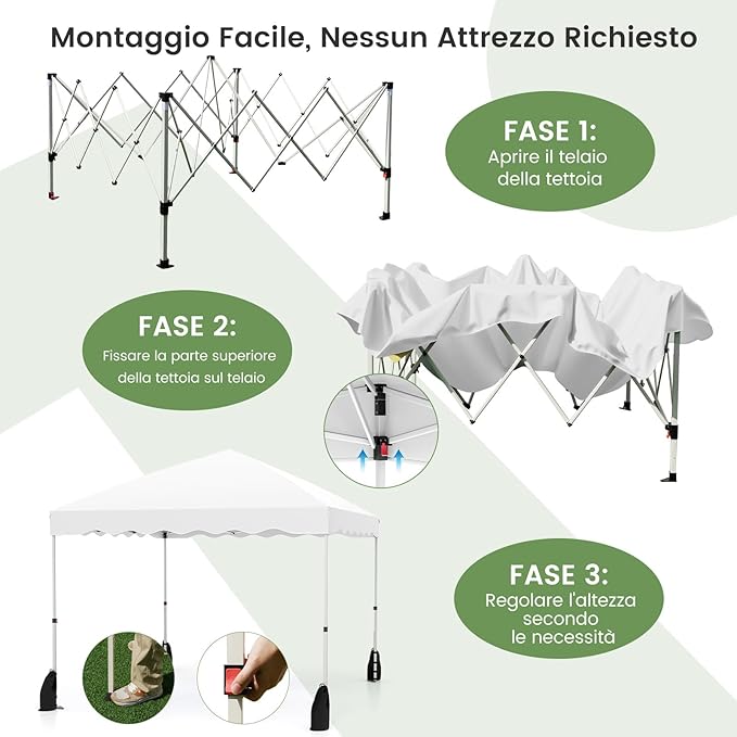 Gazebo Pop-up da Esterno 3 x 3 m, Gazebo Pieghevole con Borsa con Ruote, 8 Picchetti, 4 Ancore, 4 Corde Antivento, 4 Sacchi di Sabbia, Tendone Impermeabile per Eventi Commerciali (Bianco)