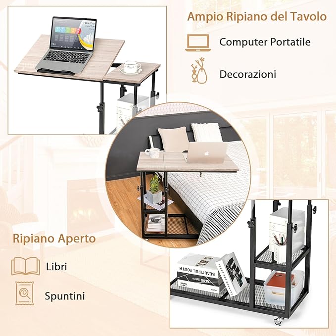Tavolino Porta PC Regolabile in Altezza e Inclinazione, Tavolo Laterale per Letto e Divano con Ruote, Tavolino in Legno e Metallo per Salotto e Camera da letto, 80 x 40 x 64-95 cm (naturale)