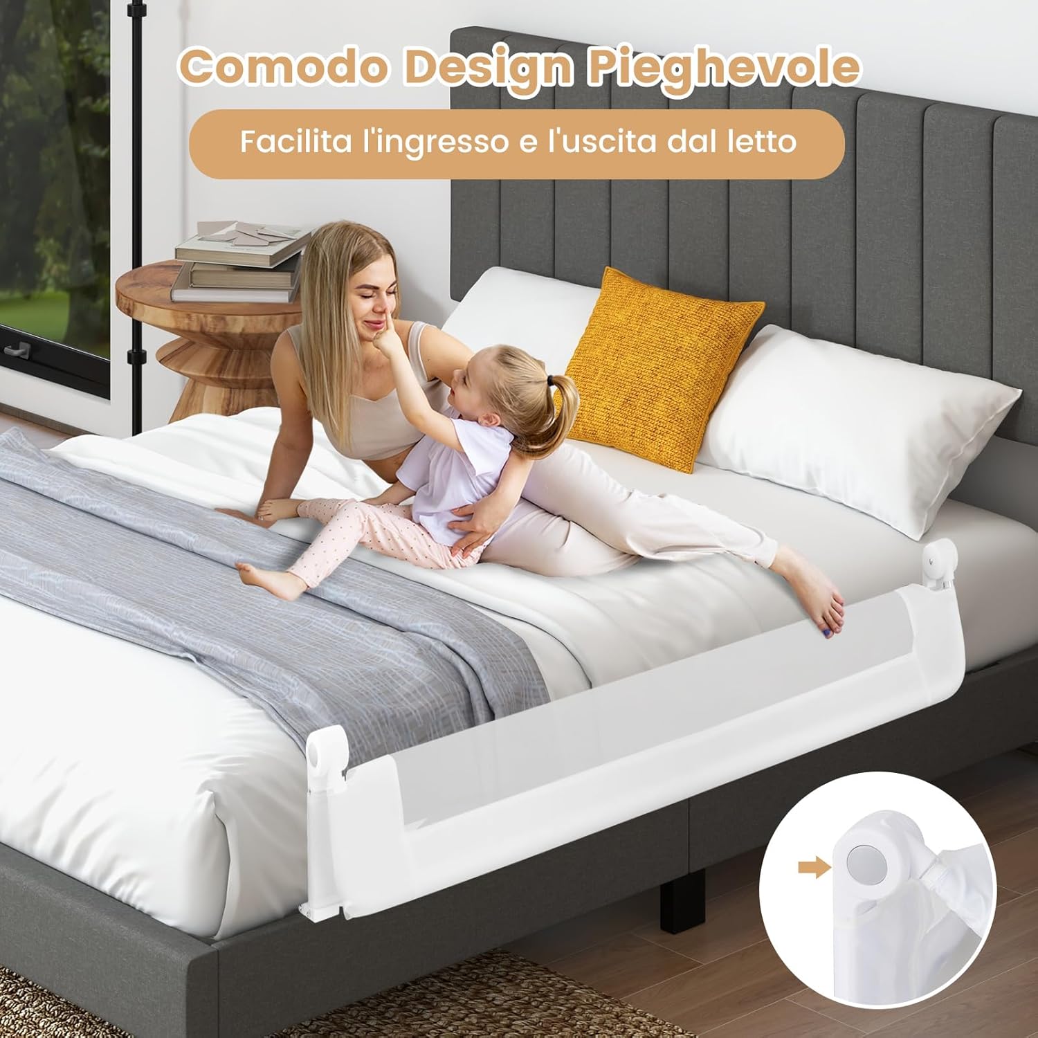 Sponda Letto per Bambini 105/120/150 cm, Barriera di Sicurezza per Neonati, Barriera Letto Pieghevole e Portatile, con Cinghia di Sicurezza (Bianco, 152 x 34 x 42 cm)