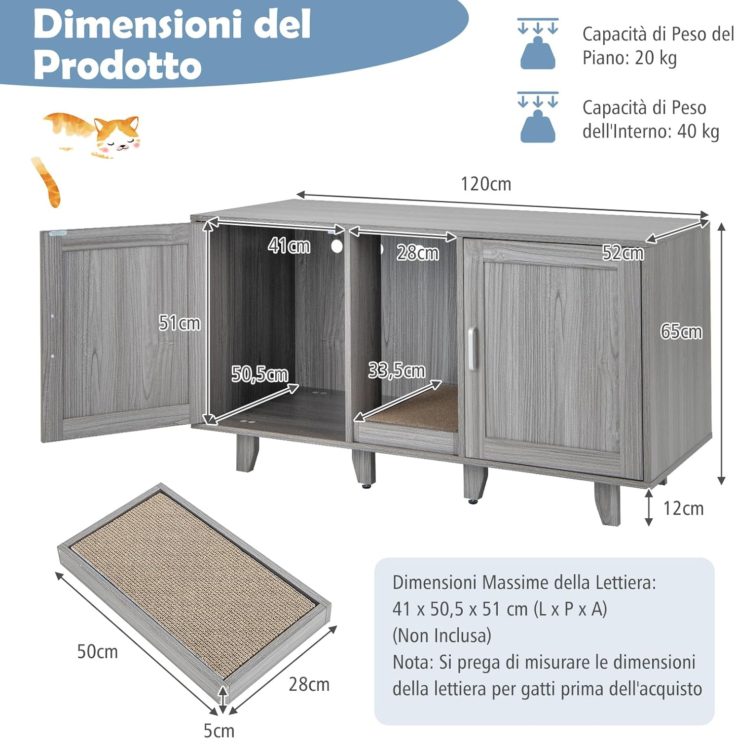Mobile per Lettiera per Gatti 120 x 52 x 65 cm, Casetta per Gatti con 2 Ante, Fori, Tiragraffi e Gambe Staccabili, Mobile Versatile e Moderno per Salotto (Quercia grigia)