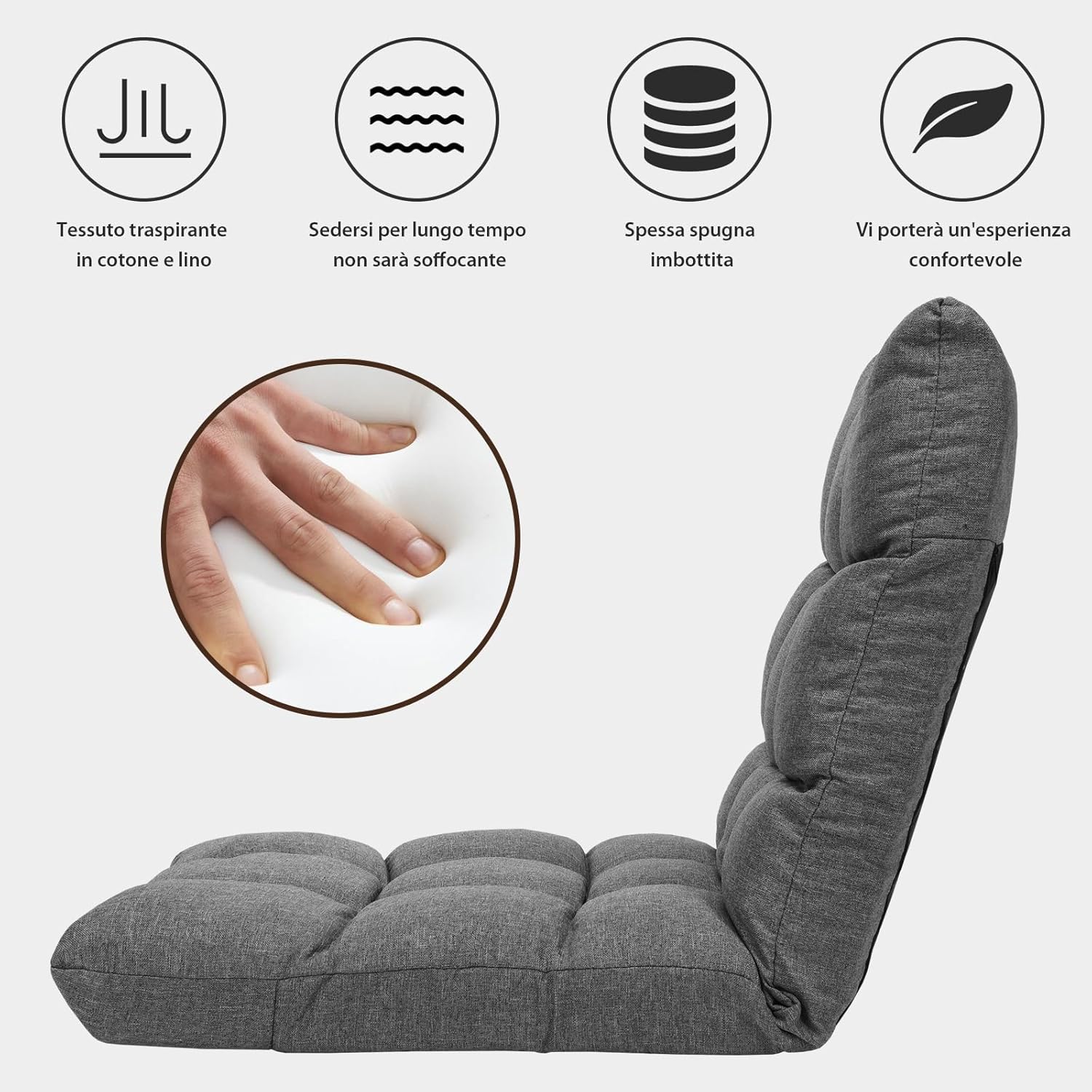 Sedia da Terra, Sedia da Pavimento con Posizioni Regolabili, Sedia Reclinabile Imbottita con Struttura in Acciaio Durevole, Facile da Conservare, Ideale per Salone Studio e Camera (Grigio)