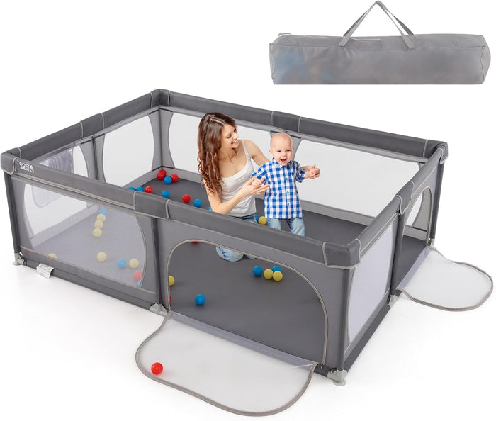 Recinto per Bambini, Box per Bambini con Rete Traspirante, Centro Attività per Bambini con 50 Palline, Box Giochi per Bambini 0-3 Anni (Grigio Scuro, 206 x 147 cm)