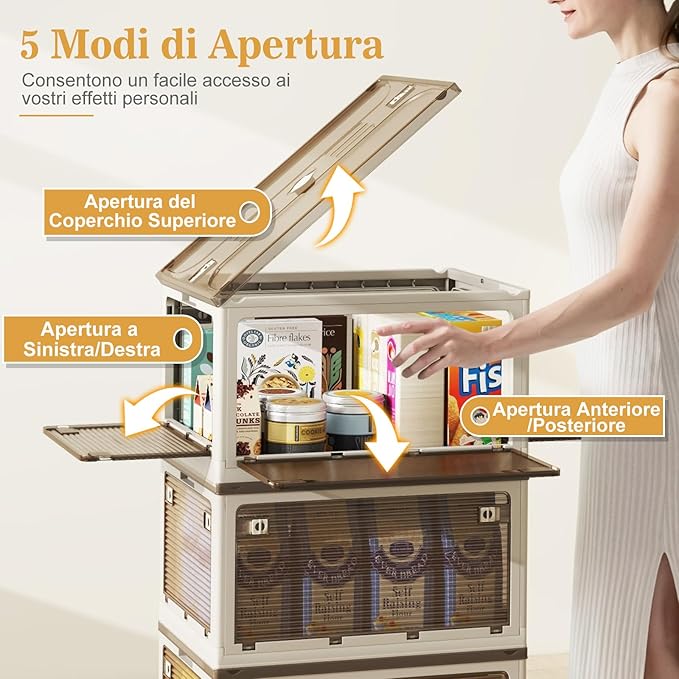 98Lx3 Contenitori Pieghevoli con Coperchi, Set di 3 Scatole Sovrapponibili con Ruote e 5 Porte, Contenitori di Plastica per Casa, Ufficio e Campeggio, 66,5x46,5x111,5 cm (Giallo)