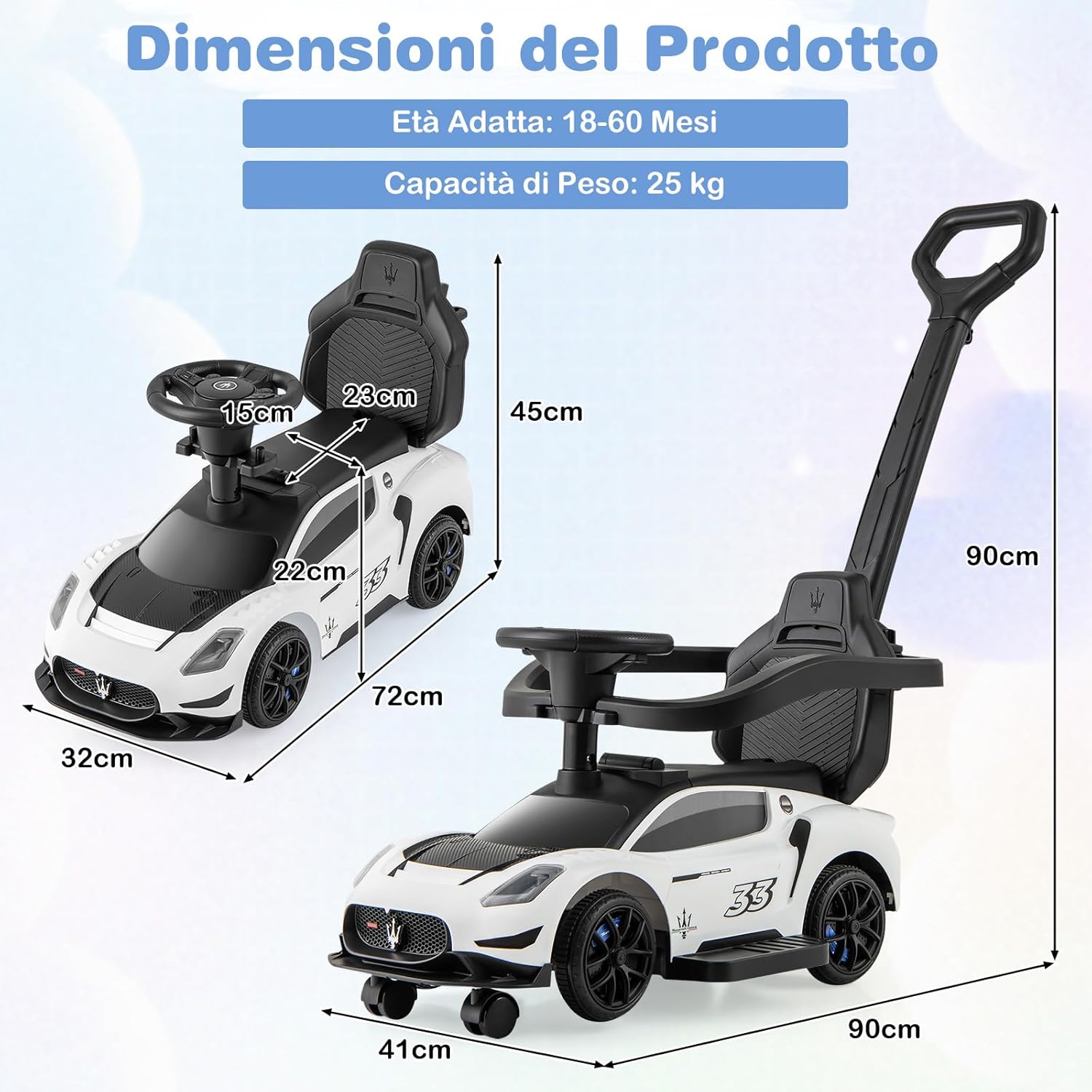 3 in 1 Maserati Auto da Spinta, Auto Scorrevole con 2 Ruote Universali Volante Musicale Paracolpi e Manubrio, Macchina Cavalcabile con Ripostiglio per Bambini 18-60 Mesi (Bianco)