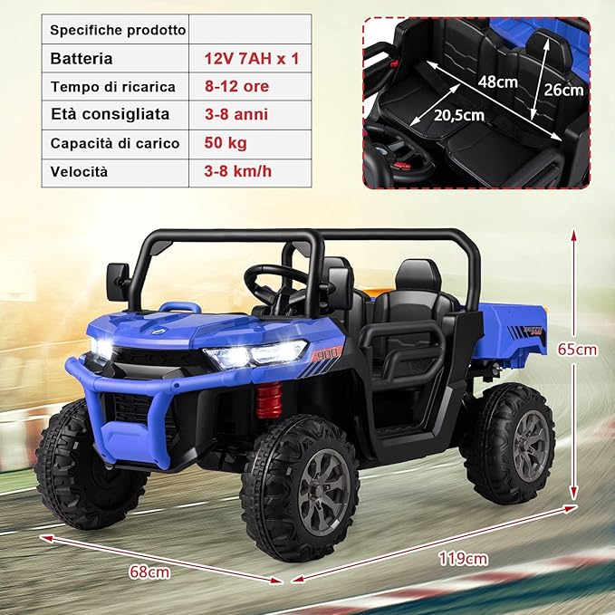 12V Auto Elettrico per Bambini, Trattore Elettrico con Scatola di Scarico, Macchina Elettrica con Pala Telecomando e Musica, Regalo per Bambini 3-8 Anni, 3-8 km/h (Blu)