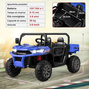 12V Auto Elettrico per Bambini, Trattore Elettrico con Scatola di Scarico, Macchina Elettrica con Pala Telecomando e Musica, Regalo per Bambini 3-8 Anni, 3-8 km/h (Blu)
