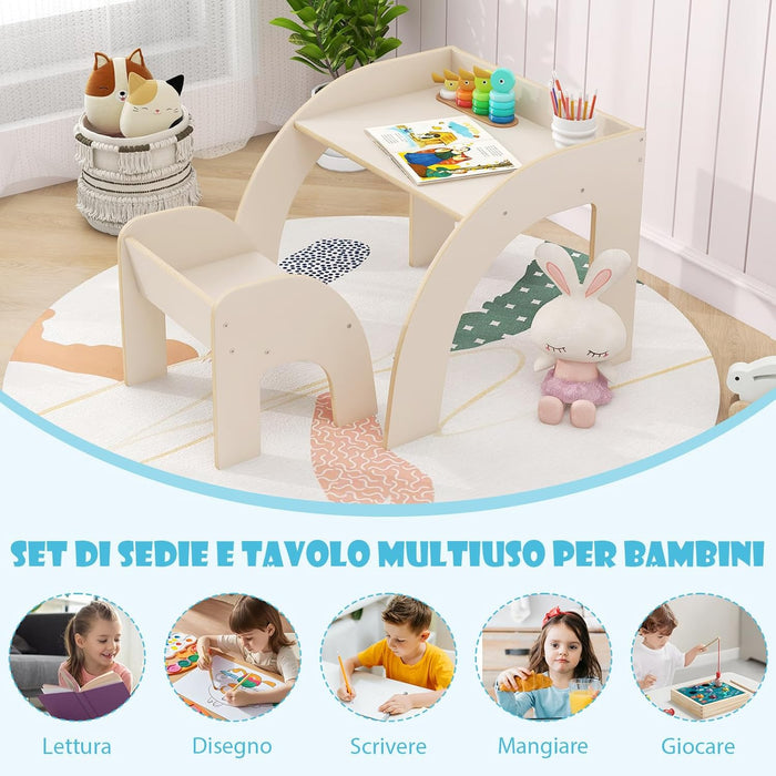 Set Tavolo e Sedie per Bambini 3+ Anni, Tavolino Legno con Sedie per Cameretta con Bordo Curvato e Ampio Piano, Mobile Salvaspazio per Camera da Letto, Soggiorno e Asilo (Bianco)