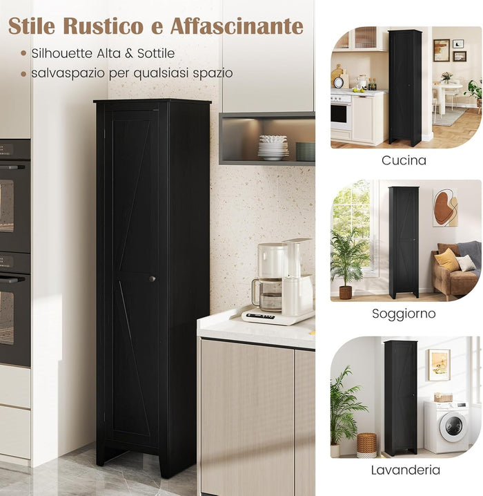 Mobile Bagno 43 x 39,5 x 183 cm, Colonna Bagno con Ante e 4 Ripiani, Armadietto Salvaspazio Alto a Colonna in MDF, per Soggiorno, Cucina e Ufficio (Nero)