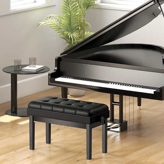 Panca per pianoforte imbottita con altezza regolabile 48-58 cm, panca per pianoforte o tastiera con spazio di archiviazione, gambe in legno massello, portata fino a 200 kg (nero)
