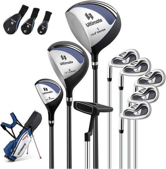 Set Completo di Mazze da Golf per Mancini da Uomo, Borsa Portatile con Supporto e Cappuccio Antipioggia, Include Driver 1 da 460CC, Fairway 3, Ibrido 4, Ferri 6, 7, 8, 9, P e Putter (Blu)