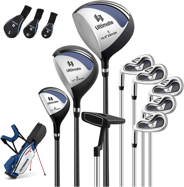 Set Completo di Mazze da Golf per Mancini da Uomo, Borsa Portatile con Supporto e Cappuccio Antipioggia, Include Driver 1 da 460CC, Fairway 3, Ibrido 4, Ferri 6, 7, 8, 9, P e Putter (Blu)