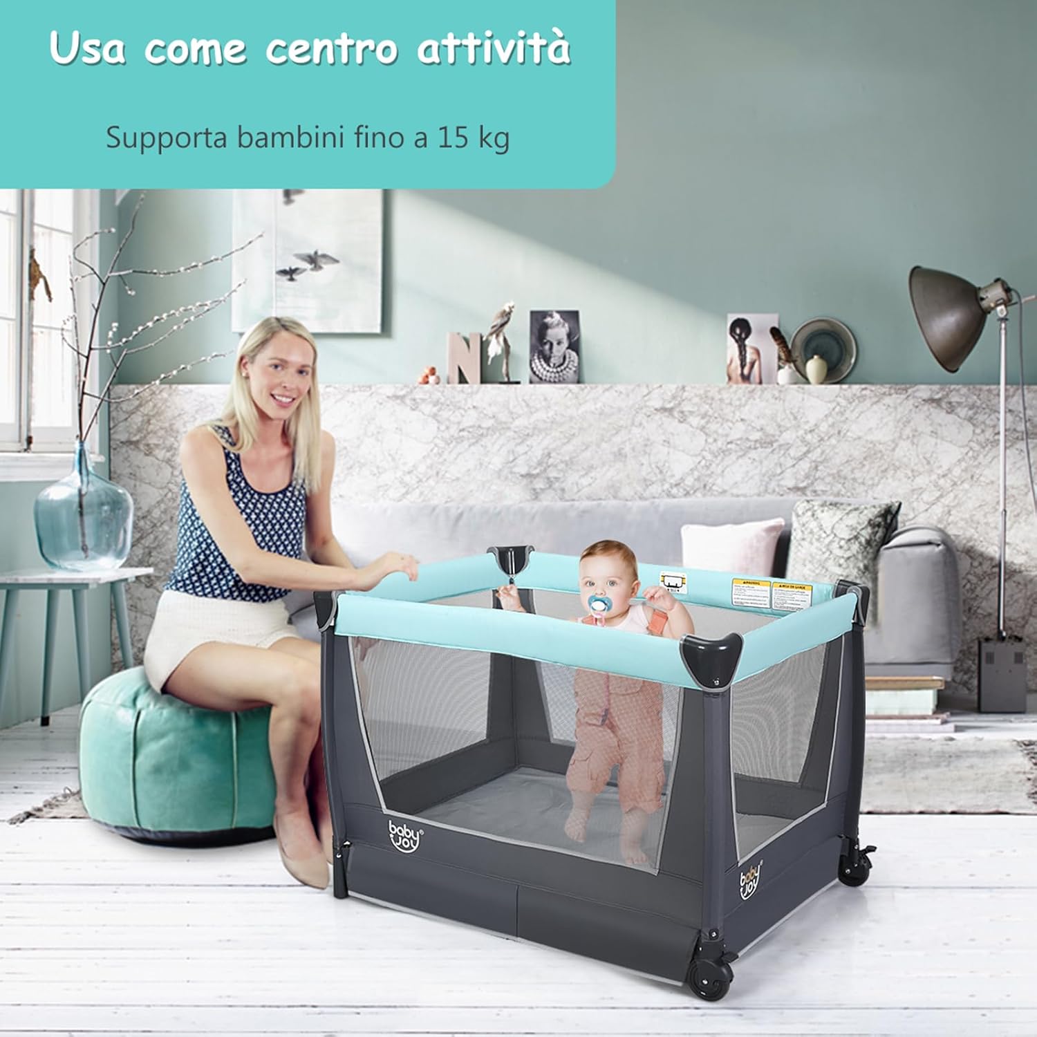 4 in 1 Lettino Neonato da Viaggio Pieghevole con Materasso, Culla da Campeggio con Fasciatoio e Giocattolo, per Bambini 0-36 Mesi fino a 15 kg (Grigio-Azzurro)