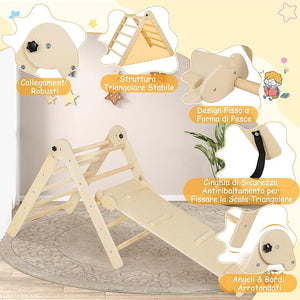 3 in 1 Set da Arrampicata per Bambini, Giocattoli da Arrampicata Triangolari Pieghevoli, Altezza Regolabili, con Scivolo/Rampe da Arrampicata, Carico 60 kg (Naturale)