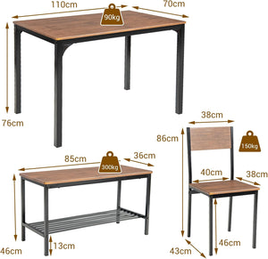 Set Tavolo e Sedie da Cucina 4 Pezzi, Tavolo da Pranzo con 2 Sedie e 1 Panca, Set Mobili da Cucina Salvaspazio con 4 Posti, per Cucina, Sala da Pranzo, Soggiorno (Marrone)