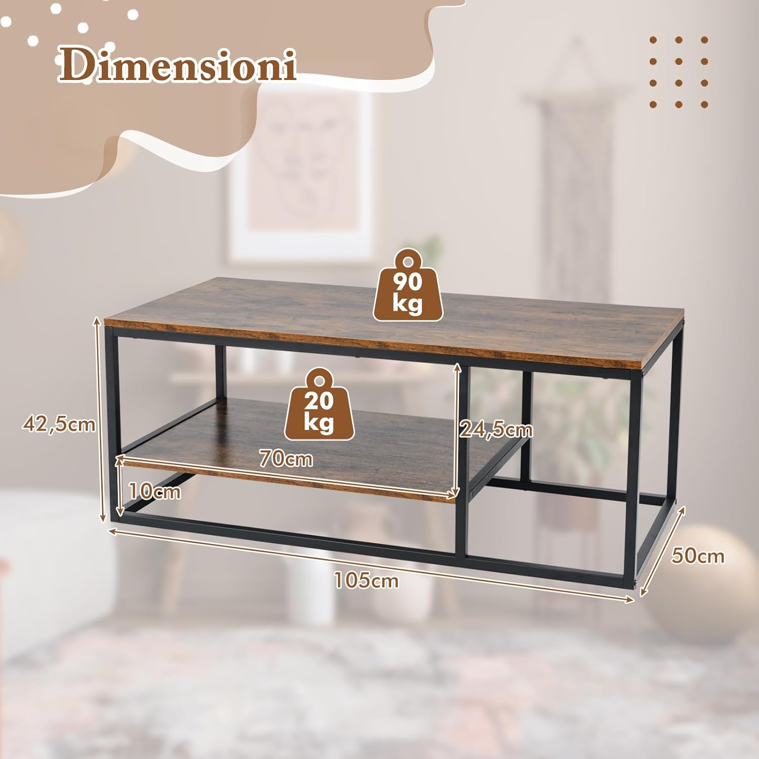 COSTWAY Tavolino da Caffè a 2 Livelli, Tavolino Rettangolare con Mensola e Struttura in Metallo, Tavolino in Legno per Salotto, Ufficio e Studio, Marrone