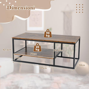 COSTWAY Tavolino da Caffè a 2 Livelli, Tavolino Rettangolare con Mensola e Struttura in Metallo, Tavolino in Legno per Salotto, Ufficio e Studio, Marrone