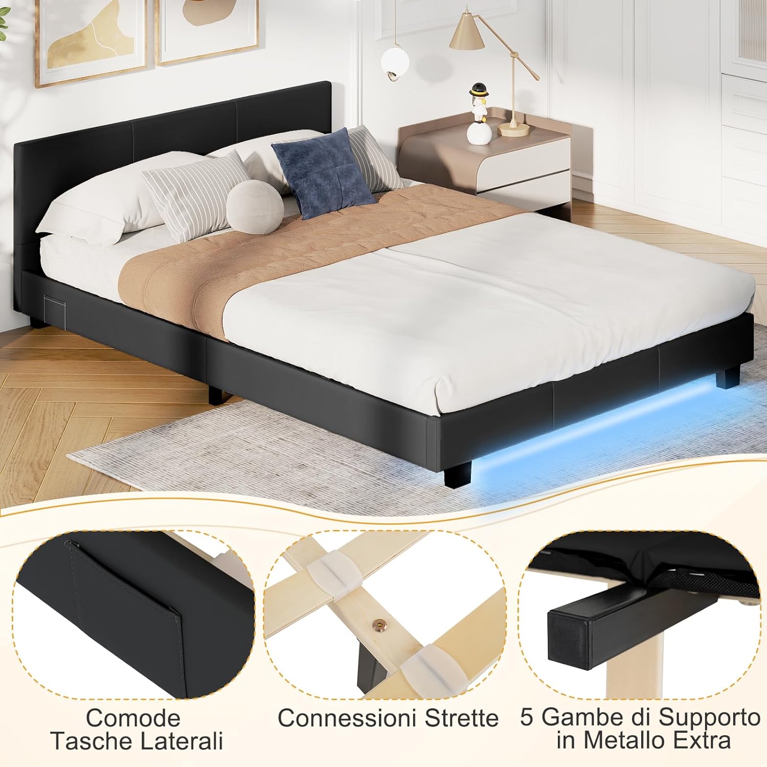 Letto Matrimoniale in Legno, Struttura per Letto Con Testiera Imbottita Luce LED Multicolore e Telecomando, Carico 200 kg, Silenzioso (Nero)
