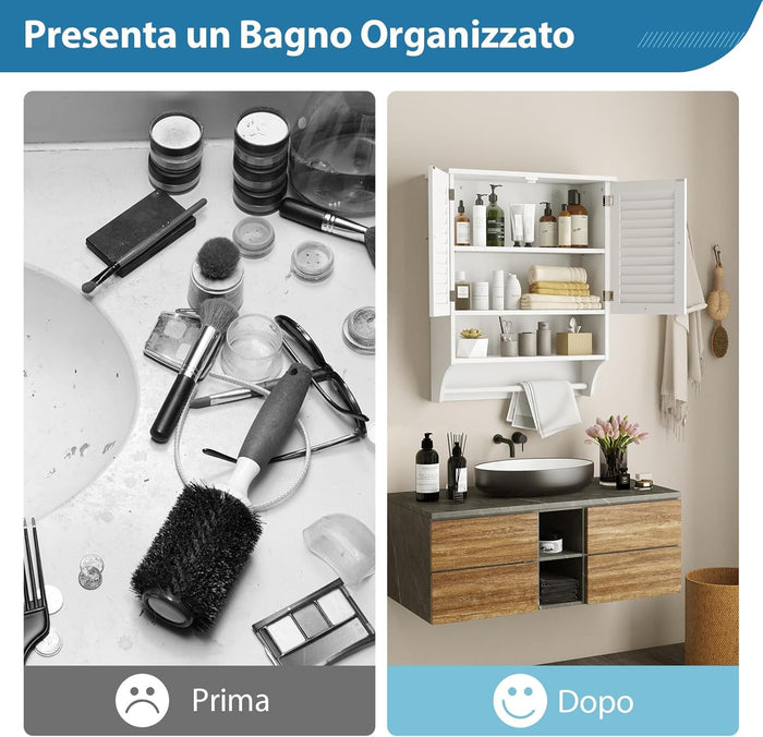 Armadietto da Bagno Sospeso, Armadietto da Parete con 2 Ante, con Ripiano Regolabile in 3 Posizioni e Barra Porta Asciugamani, 60x22x75 cm (Bianco)