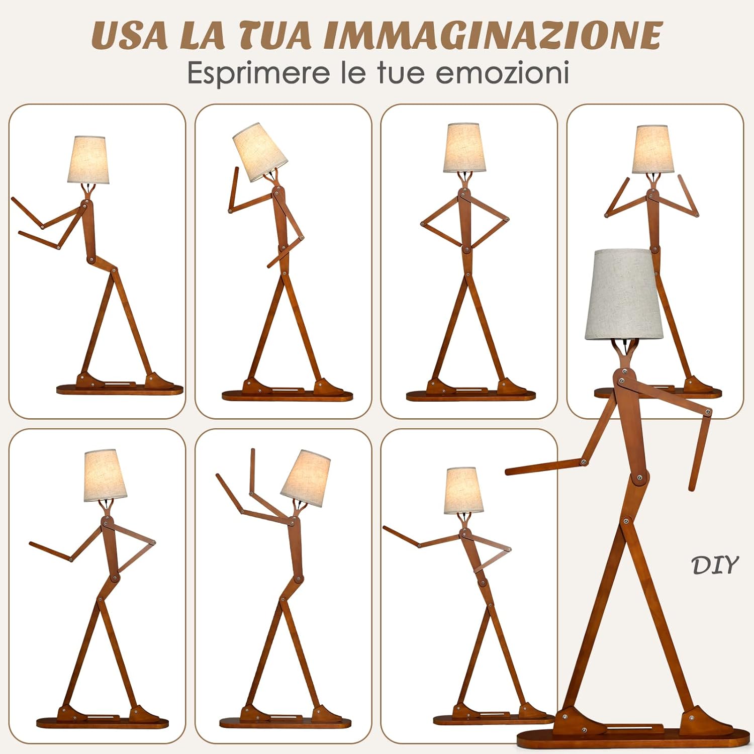 Lampada da Terra in Legno, Piantana Umanoide Decorativa ad Angolo con Articolazioni Regolabili, Paralume in Tessuto e Interruttore a Pedale, Lampa a Stelo da Salotto e Camera da Letto