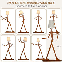 Lampada da Terra in Legno, Piantana Umanoide Decorativa ad Angolo con Articolazioni Regolabili, Paralume in Tessuto e Interruttore a Pedale, Lampa a Stelo da Salotto e Camera da Letto
