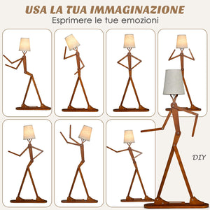 Lampada da Terra in Legno, Piantana Umanoide Decorativa ad Angolo con Articolazioni Regolabili, Paralume in Tessuto e Interruttore a Pedale, Lampa a Stelo da Salotto e Camera da Letto
