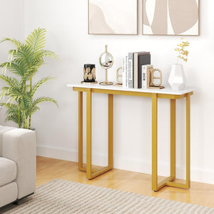 Tavolo Consolle, Tavolo d'Ingresso Moderno in Marmo Finto con Telaio Geometrico in Metallo, Tavolo Stretto per Soggiorno, Corridoio e Ingresso, 107 x 40 x 79,5 cm (Oro e bianco)