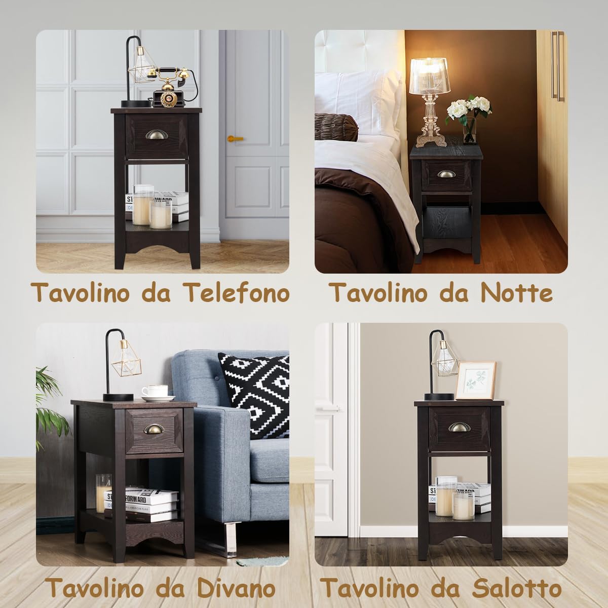 Tavolino da Salotto in Legno Massello, Comodino con 1 Cassetto e 1 Ripiano, Tavolino Basso da Soggiorno e Camera da Letto (56 x 33 x 58,5 cm, Caffè, 2)
