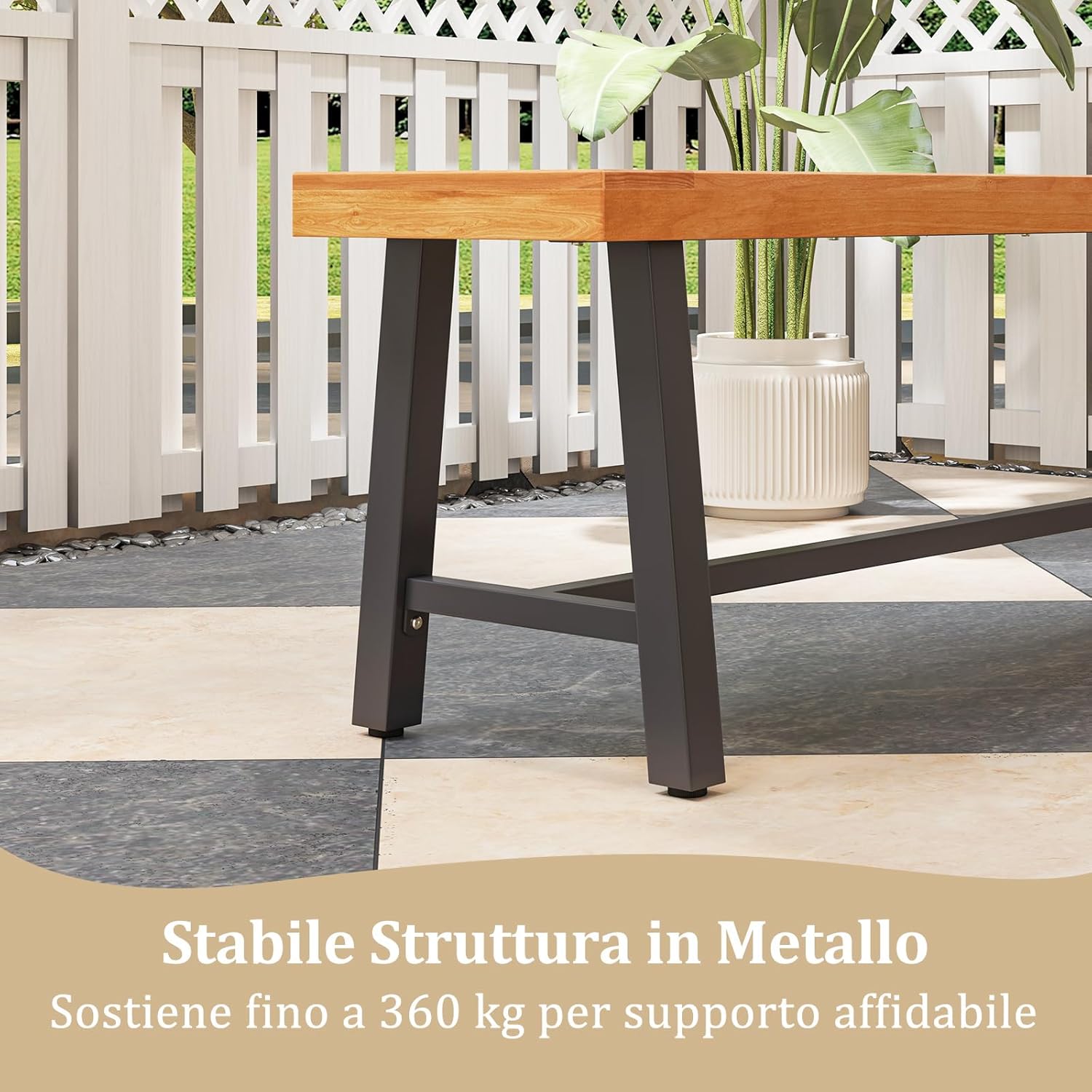 Panchina da Giardino in Legno di Acacia a 3 Posti, Panca da Esterno Senza Schienale con Gambe in Metallo, Panca Capacit¨¤ di 360 kg per Ingresso, Cortile e Balcone, 160 x 32 x 45 cm