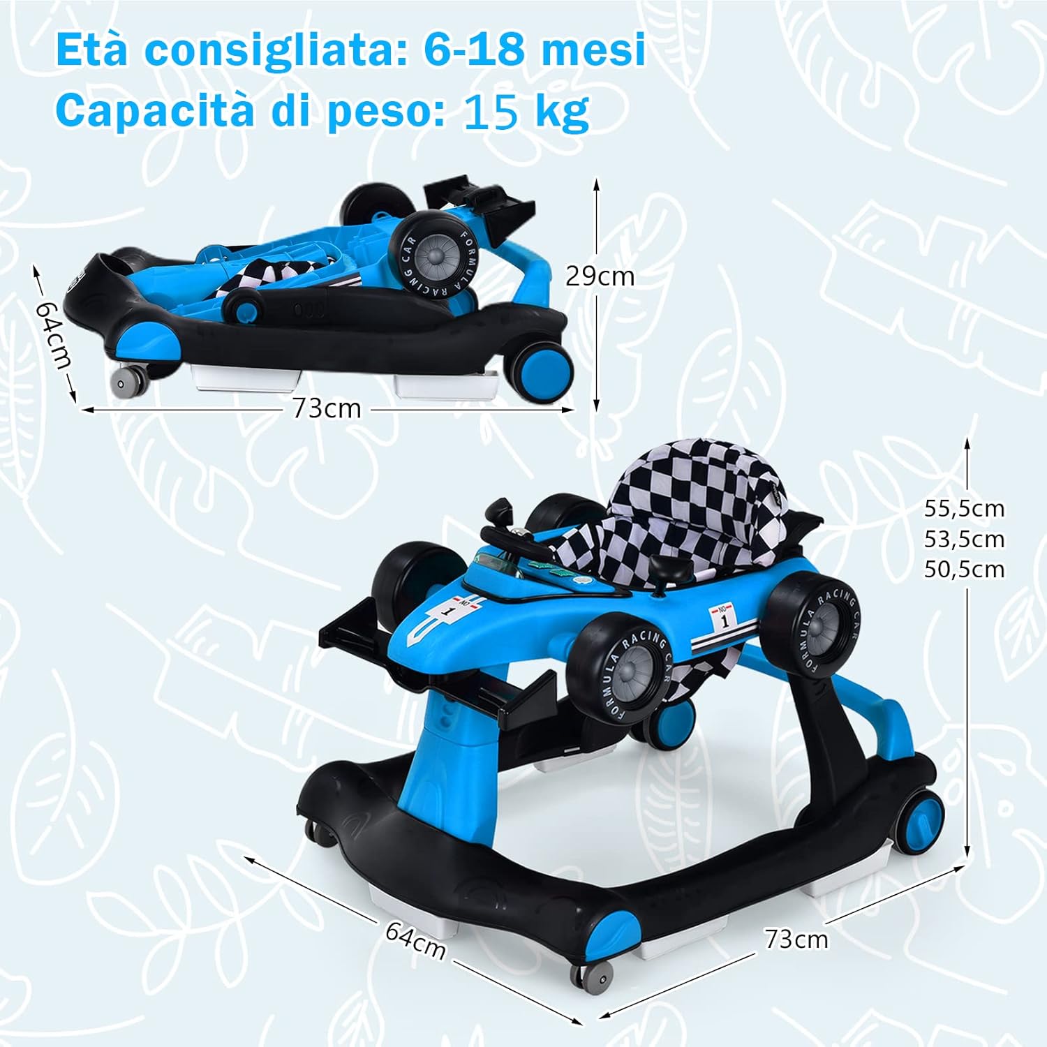 Girello per Bambini 4 in 1, Girello Pieghevole con Altezza e Velocità Regolabili, Carillon con Luci, Volante e Sedile, Primi Passi per Bambini 6-18 Mesi, Portata 15 kg (Blu)